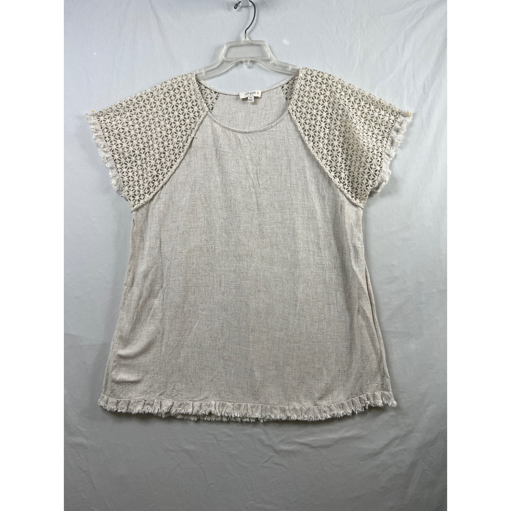 Umgee Blouse Womens 1XL Beige Linen Blend Crochet Lace Frayed Hem Boho